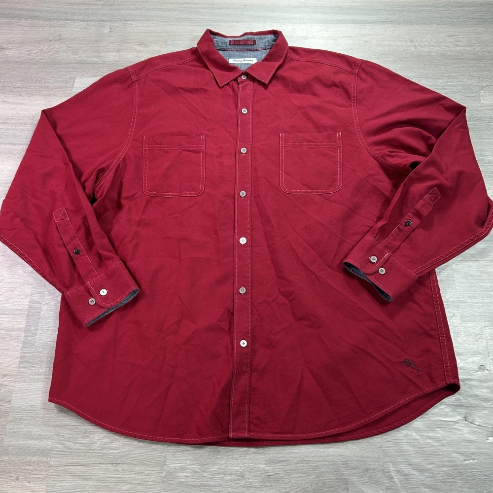 Tommy Bahama Shirt Mens 2XL Red Solid Long Sleeve Button Up Cotton Tencel Casual